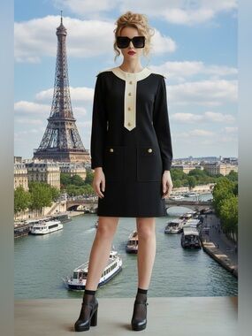 Gucci Black Mini Dress with Cream Placket and Gold Buttons
